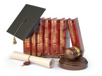 Justice, learning different fields of law concept. Books, graduation hat,  judge gavel and diploma isolated on white. 3d illustration