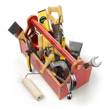 Wooden toolbox with tools isolated on white. Skrewdriver, hammer, handsaw, axe, pliers and wrench. 3d illustration