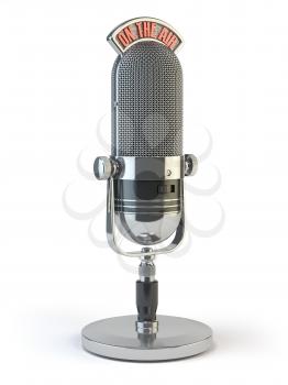 Retro old microphone with text on the air. Radio show or audio podcast concept. Vintage microphone isolated on white. 3d illustration