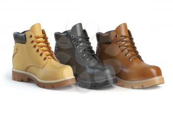 Different winter boots on a white background. Shoe shop or marketing concept. 3d illustration