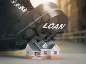 Mortgage house loan crisis concept. Foreclosure and repossession problems. House and boot with loan. 3d illustration