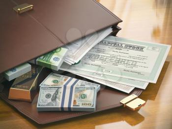 Stock market portfolio concept. Briefcase with capital stocks, bonds, gold and money. 3d illustration