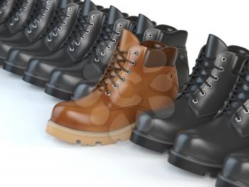 One unique brown boot in the row of black boots. Marketing concept. Choosing the style, Think different. 3d illustration