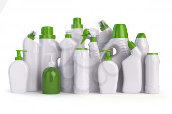 Natural green detergent bottles or containers. Cleaning supplies  isolated on white background. 3d illustration