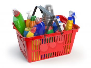 Detergent bottles and cleaning supplies in shopping basket  isolated on white background. 3d illustration