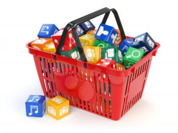 Application software icons  boxes in the shopping basket  isolated on white background. Store of apps concept. 3d illustration
