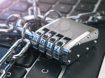 .Computer security or safety concept. Laptop keyboard with lock password 2017 and chain. 3d illustration