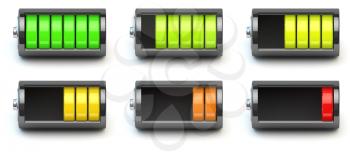 Battery charging. Battery charge level indicators isolated on white. 3d illustration
