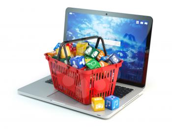 Laptop computer application software icons in the shopping basket  isolated on white background. Store of apps concept. 3d illustration