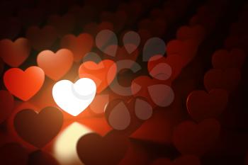 Valentine's day background. Love concept. One glowing heart in a row of red hearts. 3d illustration