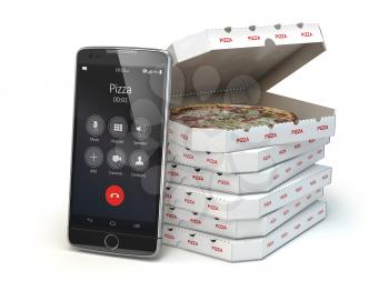 Mobile pizza ordering and delivery concept. Smartphone and pizza boxes. 3d illustration