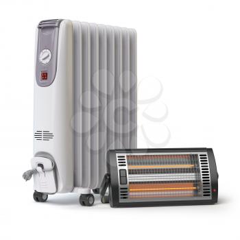 Oil and halogen or infrared heaters .Heating devices and climate equipment.  Heating household appliances isolated on white background. 3d illustration