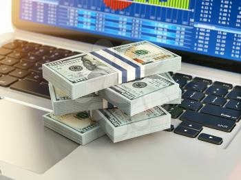 Stock market online business concept. Pack of dollar on laptop keyboard with stock market char on the screen. 3d illustration