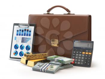 Stock market portfolio concept. Briefcase with calculator, gold and money isolated on white background. 3d illustration