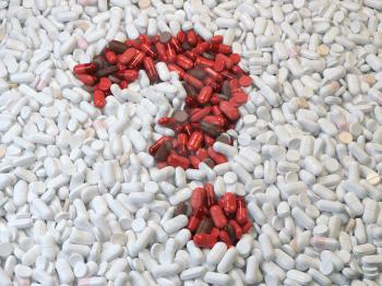 Question mark  from red pills and capsules  on white background. Medical and drug issues concept. 3d illustration
