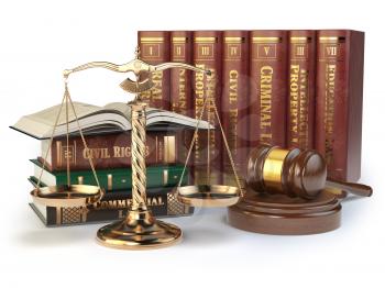 Gold scales of justice, gavel and books with differents field of law isolated on white background. Justice concept. 3d illustration