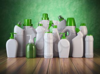 Natural green detergent bottles or containers. Cleaning supplies on green background. 3d illustration