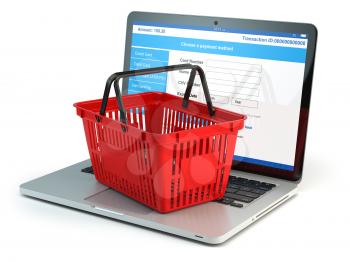 Online shopping e-commerce concept. Shopping basket on laptop keyboard isolated on white background. 3d illustration