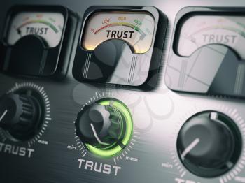 Trust concept. Trust switch knob on maximum position. 3d illustration