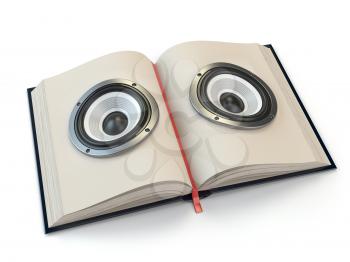 Audiobook or e-learning concept. Open book with loudspeakers on the pages. 3d illustration