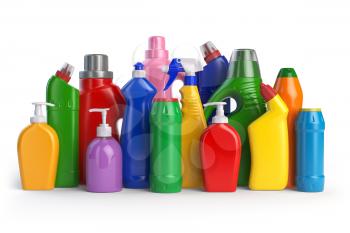 Detergent bottles or contaners. Cleaning supplies isolated on white background. 3d illustration
