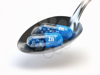 Pills with zinc Zn element in the spoon. Dietary supplements. Vitamin capsules. 3d illustration