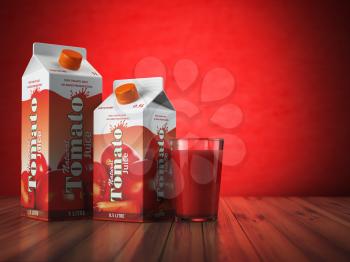 Tomate juice carton cardboard box pack with glass on red background. 3d illustartion