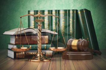 Gold scales of justice, gavel and books with differents field of law. Justice concept. 3d illustration