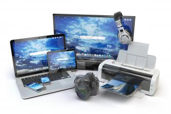 Computer devices and office equipment. Mobile phone, monitor, laptop, printer, camera, headphones and tablet pc. 3d illustration