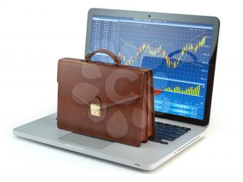 Stock market online business concept. Briefcase on laptop keyboard with stock market char on the screen. 3d illustration