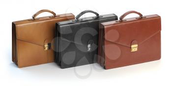 Different briefcases on a white background. Briefcase shop or marketing concept. 3d illustration
