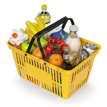 Shopping basket with variety of grocery products isolated on white background. 3d illustration