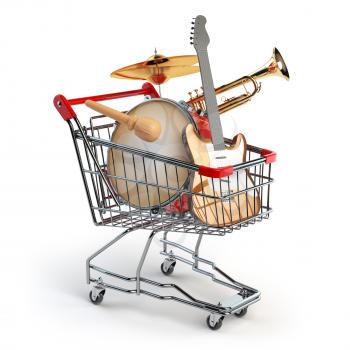 Shopping cart with music instruments isolated on white. Guitar, trumpet and drum. 3d illustration