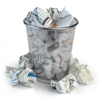 Trash bin full of waste paper. Wastepaper basket isolated on white background. 3d illustration