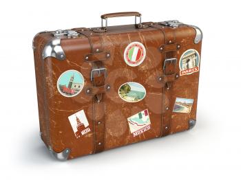 Retro suitcase baggage with travel stickers isolated on white background. 3d illustration