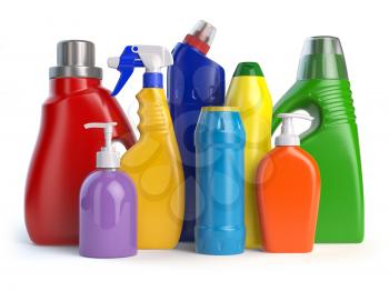 Detergent bottles or containers. Cleaning supplies isolated on white background. 3d illustration