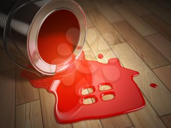 House renovation construction concept. Can with spilled red paint and house symbol.  Paint your home. 3d illustration