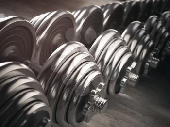 Rows of dumbbells  in the gym. 3d illustration