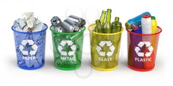 Colored trash bins for recycle paper, plastic, glass and metal isolated on white background. 3d illustration
