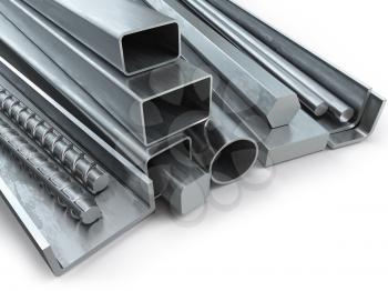 Different metal products. Stainless steel profiles and tubes. 3d illustration