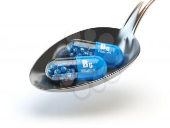 Pills  b6 vitamin element in the spoon. Dietary supplements. Vitamin capsules. 3d illustration