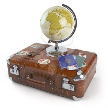 Travel or tourism concept. Old suitcase with stickers, globe and passports with boarding pass tickets isolated on white background. 3d illustration