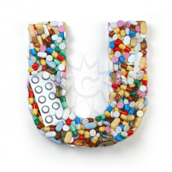 Letter U. Set of alphabet of medicine pills, capsules, tablets and blisters isolated on white. 3d illustratio