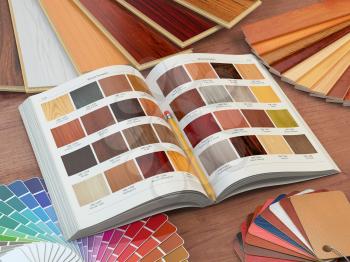 Interior design and house renovations concept. Catalog of wood samples, color palette and leather swatches. 3d illustration