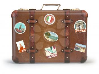 Vintage suitcase with travel stickers isolated on white background. 3d illustration