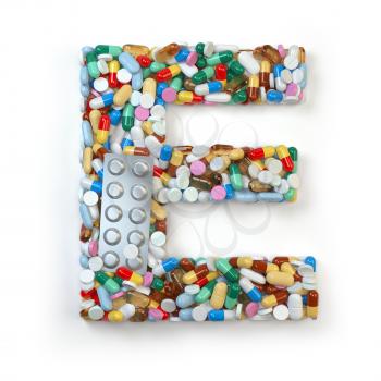 Letter E. Set of alphabet of medicine pills, capsules, tablets and blisters isolated on white. 3d illustration