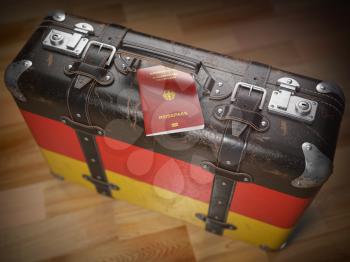 Travel or immigration concept. Passport of Germany and suitcase with flag of Germany 3d illustration