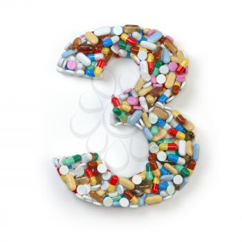 Number  3 three. Set of alphabet of medicine pills, capsules, tablets and blisters isolated on white. 3d illustration