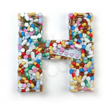 Letter H. Set of alphabet of medicine pills, capsules, tablets and blisters isolated on white. 3d illustration