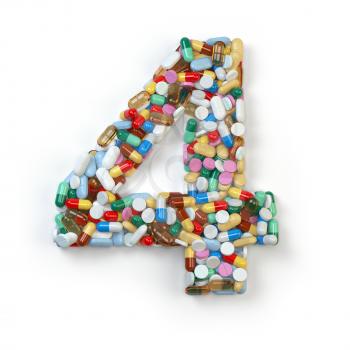 Number 4 four. Set of alphabet of medicine pills, capsules, tablets and blisters isolated on white. 3d illustration